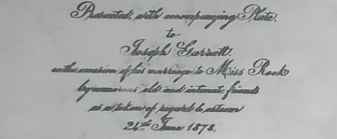 Dedication on a silverplate tray, date 24 June 1878