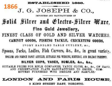 J.G. Joseph & Co, Toronto, Ontario, Canada: 1866 advertisement