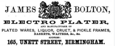 James Bolton - Birmingham, 1858 advertisement